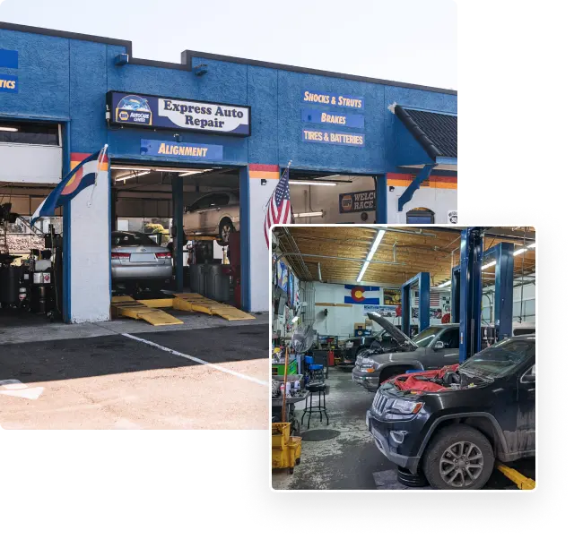 A big square image showing the shop front of Express Auto repair with a smaller image overlapping at the bottom right corner showing the inside of the repair shop