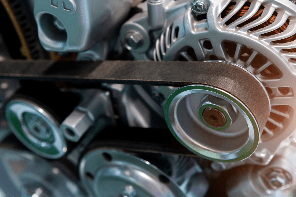 alternator belt replacement, auto repair in Colorado Springs, CO at Express Auto Repair. Close-up view of an automotive alternator and serpentine belt.