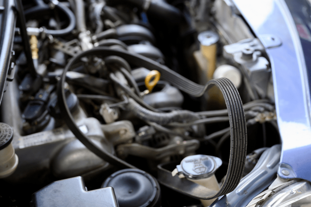 alternator belt, auto repair in Colorado Springs, CO at Express Auto Repair. Image showing a close-up of an engine compartment with an alternator belt.