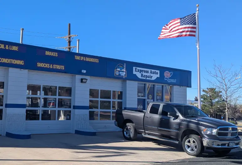 Auto repair shop with American flag