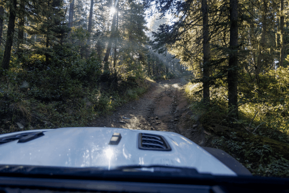 Mountain driving, auto repair in Colorado Springs, CO, at Express Auto Repair. Image of an off-road trail viewed from inside a Jeep, highlighting the importance of suspension inspections, tire maintenance, alignment checks, and preventative vehicle service to keep adventure-ready vehicles safe, reliable, and trail-capable.